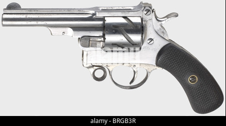 A revolver Mauser mod. 1878('Zick-Zack-Revolver'),nickel-plated,calibre 7.6 mm,no. 92. Matching numbers. Matt bore,barrel length 95 mm. 6-shot. So-called 2nd type with top-hinged frame. On the barrel rib marked 'GEBR. MAUSER & Cie OBERNDORF A/N WÜRTTEMBERG. 1878'. Weapon is factory nickel-plated,polished blemishes with fine pitting,somewhat stronger on grip. Ebonised walnut grip panels with checkering. One of the first Zick-Zack-Revolvers in very good condition. Erwerbsscheinpflichtig. historic,historical,19th century,civil handgun,civil handguns,ha,Additional-Rights-Clearences-Not Available Stock Photo