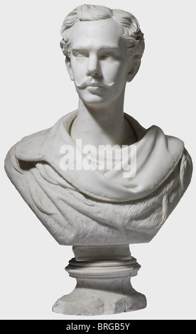 Kaiser Franz Joseph I of Austria, a marble bust by Johann von Halbig (1814 - 1882) Portrayal of the young emperor in his mid-20s, approx. the age when he married Elisabeth of Bavaria. Shoulders covered by an ermine trimmed coat. Back with inscription (transl.) 'Modelled from life and hewn in marble by Joh. Halbig. München 1854'. Height 72 cm. King Ludwig I of Bavaria commissioned Johann von Halbig with portraits for the Walhalla. The artist also worked for Max II and Ludwig II, painting a portrait of Max II and Queen Marie for the throne room in Munich. He also, Stock Photo
