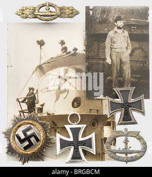 Boatswains Mate Max Miedza,orders and decorations German Cross in Gold,light Cupal issue(copper/aluminium composite)with four hollow rivets,the pin with manufacturer's mark '20'. Iron Cross 1st Class of 1939(domed type with maker's mark 'L/11')and 2nd Class,U-Boat War Badge(fine zinc,gilding migrated)and U-Boat Combat Clasp in Bronze(bronzed fine zinc). Also a Mother's Cross in Gold(cased),eight postwar badges(veteran's groups etc.),five postwar photos,and a 1946 driver's license. Max Miedza was born 22 November 1920 in Breslau,he was awarded ,Additional-Rights-Clearences-Not Available Stock Photo