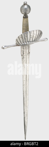 A long German left hand dagger, circa 1600 Double-edged blade with fullers on both sides and a strong ricasso. Iron quillons with a shell guard plate. Slightly faceted round pommel. Replacement grip cover with brass wire winding and braided ferrules. Length 64.5 cm., historic, historical,, 17th century, dagger, daggers, thrusting, thrustings, baton, weapon, arms, weapons, arms, fighting device, object, objects, stills, clipping, cut out, cut-out, cut-outs, Additional-Rights-Clearences-Not Available Stock Photo