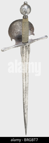 A long German left hand dagger, circa 1600 Double-edged blade with fullers on both sides and a strong ricasso. Iron quillons with a shell guard plate. Slightly faceted round pommel. Replacement grip cover with brass wire winding and braided ferrules. Length 64.5 cm., historic, historical,, 17th century, dagger, daggers, thrusting, thrustings, baton, weapon, arms, weapons, arms, fighting device, object, objects, stills, clipping, cut out, cut-out, cut-outs, Additional-Rights-Clearences-Not Available Stock Photo