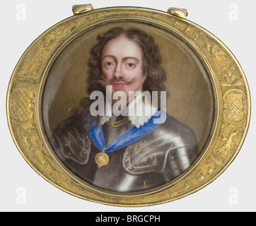 King Charles I (1600 - 1649), a miniature box, England, middle of the 18th century Oval snuffbox, silver, gilded. There is an enamel miniature on the lid portraying King Charles I in armour, wearing the lesser decoration of the Order of the Garter. Very fine painting. Unsigned. Diameter 56 mm. Box dimensions 80 x 66 x 17 mm., people, 17th century, object, objects, stills, clipping, clippings, cut out, cut-out, cut-outs, man, men, male,