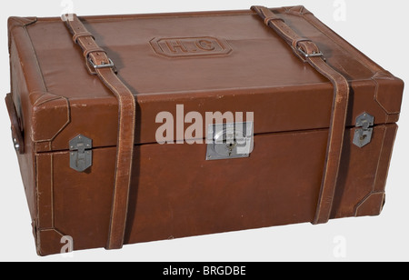 Hermann Göring,a deluxe picnic hamper for his 50th birthday Light brown leather exterior,with the owner's monogram on the lid in relief with a stitched border. A strong carrying ring on each side,a heavy leather strap with metal buckles. The nickel-plated locks(damaged)are signed 'Hermès Paris'. The li historic,historical,1930s,20th century,NS,National Socialism,Nazism,Third Reich,German Reich,Germany,German,National Socialist,Nazi,Nazi period,fascism,object,objects,stills,clipping,clippings,cut out,cut-out,cut-outs,storage,box,box,Additional-Rights-Clearences-Not Available Stock Photo