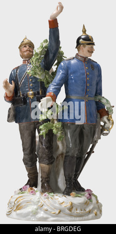 The Glorious Homecoming of the Victors 1871,a group of figurines manufactured by Meissen Porcelain,colour-composed,finely hand painted.Very detailed depiction of an officer of the Royal Saxon 1st Life Guard Grenadier Regiment No.100 and a grenadier of the 2nd Grenadier Regiment No.101 Kaiser Wilhelm decorated with laurel and oak leaf wreaths.The plinth adorned with roses and rocaille work,the base with swords mark in underglaze blue,a 'P 183' scratch mark and press number '94'.Height 27.5 cm.Very rare and in excellent condition.Cf.Hermann Historica,Additional-Rights-Clearences-Not Available Stock Photo