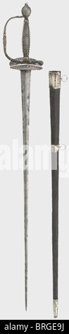 A silver-mounted French smallsword,circa 1780 Triangular fluted thrusting blade with etched ornamentation at the base of the blade. Silver knucklebow hilt with a diamond polished,openwork diamond-shaped web pattern,set in corded strip edging. Unclear crowned silver hallmark. Leather scabbard with silver mountings. Length 93 cm.,historic,historical,18th century,sword,swords,weapons,arms,weapon,arm,fighting device,military,militaria,object,objects,stills,clipping,clippings,cut out,cut-out,cut-outs,melee weapon,melee weapons,metal,Additional-Rights-Clearences-Not Available Stock Photo