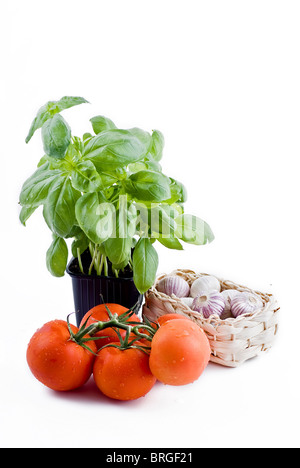 Isolated fresh vegetables - basil in pot, bunch of tomatoes and garlic basket Stock Photo