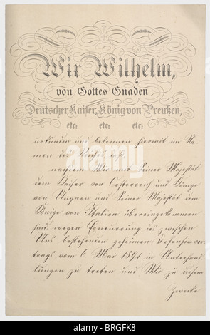 A grant of plenipotentiary authority,to the Imperial Chancellor von Bülow Full powers granted to the Imperial Chancellor for the purpose of renewing the 1882 Triple Alliance between the German Empire,Austria-Hungary and Italy.With Kaiser Wilhelm II's and the Imperial Chancellor's stamped seals and signatures,dated 'Burg Nürnberg den 16.Juni 1902'(Nuremberg Castle 16 June 1902).Double sheet,not punched and no folds.The secret triple alliance was formed between the three powers on 20 May 1882 and subsequently renewed several times.Because of a conflict ,Additional-Rights-Clearences-Not Available Stock Photo