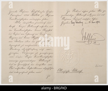 A grant of plenipotentiary authority,to the Imperial Chancellor von Bülow Full powers granted to the Imperial Chancellor for the purpose of renewing the 1882 Triple Alliance between the German Empire,Austria-Hungary and Italy.With Kaiser Wilhelm II's and the Imperial Chancellor's stamped seals and signatures,dated 'Burg Nürnberg den 16.Juni 1902'(Nuremberg Castle 16 June 1902).Double sheet,not punched and no folds.The secret triple alliance was formed between the three powers on 20 May 1882 and subsequently renewed several times.Because of a conflict ,Additional-Rights-Clearences-Not Available Stock Photo