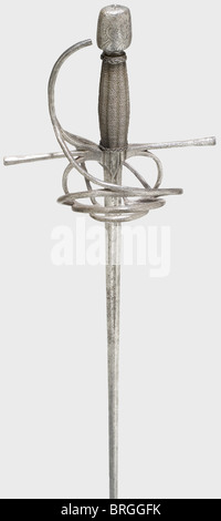 A German rapier,circa 1600 Slender thrusting blade of flattened hexagonal section,shortened at the base. Signed 'DE HORTUNO DE AGUIR EN TOLEDO' in the fuller. Swept hilt with knucklebow and slightly tapered octagonal quillons. Grip cover has replacement iron wire winding and braided ferrules. Oval pommel with decorative chasing. Assembled from old pieces. Length 100 cm.,historic,historical,,17th century,sword,swords,weapons,arms,weapon,arm,fighting device,military,militaria,object,objects,stills,clipping,clippings,cut out,cut-out,cut-outs,,Additional-Rights-Clearences-Not Available Stock Photo