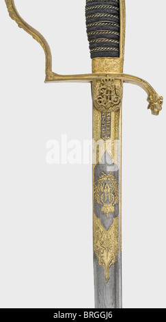 A lion's head sabre for officers,of the Saxon cavalry Slightly curved,pipe-backed Damascus steel blade with a yelmen.Etched and gilded on the ricasso,the obverse side bearing the crowned 'AR' cipher as well as 'Eisenhauer Damaststahl',the reverse side bearing the crowned Saxon coat of arms,each inscription framed within vine work.Gilded,sculpted brass knucklebow hilt with lion head pommel.The obverse languet bears the 'FA' cipher under a crown.Sharkskin grip cover with triple silver wire winding.Blued iron scabbard with a movable suspension ring and ,Additional-Rights-Clearences-Not Available Stock Photo
