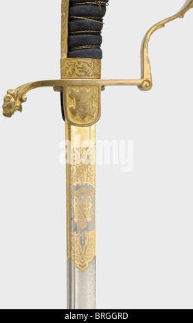 A lion's head sabre for officers,of the Saxon cavalry Slightly curved,pipe-backed Damascus steel blade with a yelmen. Richly etched and gilded on the ricasso,the obverse side bearing the crowned 'FAR' cipher,the reverse side with the royal Saxon coat of arms. Gilded,sculpted brass knucklebow hilt. The obverse languet bears the silver 'FAR' cipher under a crown. Sharkskin grip cover with damaged wire winding. Lacquered iron scabbard with a movable suspension ring and a riding loop. Length 92 cm.,historic,historical,19th century,Saxony,Saxonia,Saxonian,Additional-Rights-Clearences-Not Available Stock Photo