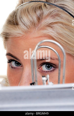 young woman with pile of work Stock Photo