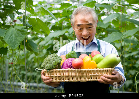 Farmer holding vegetables in modern farm Stock Photo