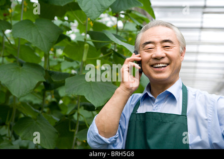 Farmer talk on the phone in modern farm Stock Photo