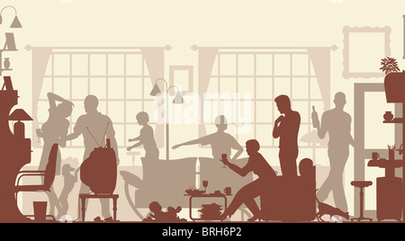 Foreground illustrated silhouette of a family gathering in a living room Stock Photo