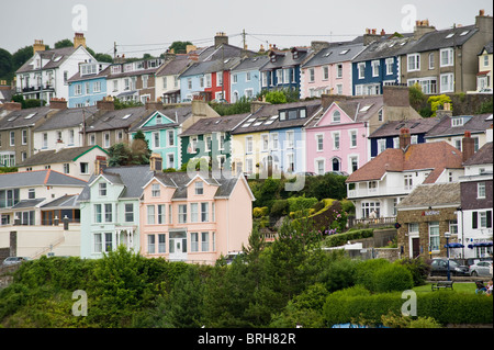 Houses on hillside overlooking the Welsh seaside holiday resort of New Quay Ceredigion West Wales UK Stock Photo