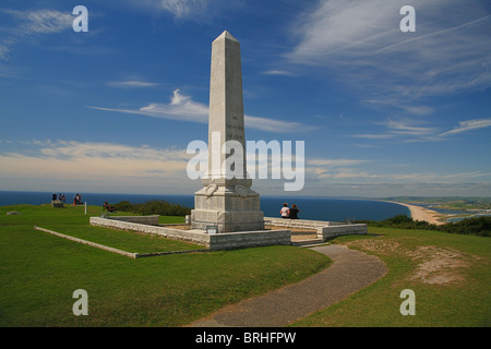 Looking west from the Isle of Portland war memorial along Chesil Beach and the English ChannelDorset, England UK Stock Photo