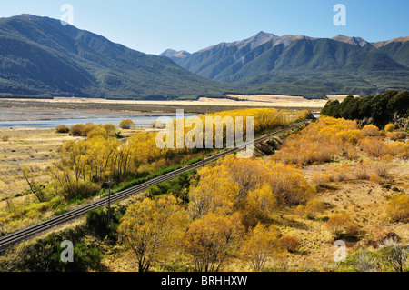 Waimakariri River and Railway Tracks, Canterbury High Country, South Island, New Zealand Stock Photo