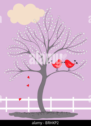 Illustration of Birds in a Tree Kissing Stock Photo