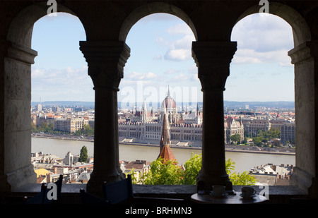 View of the Parliament in Budapest, Hungary From Across the Danube River on Buda Hill Stock Photo