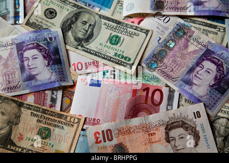 Sterling, dollar and euro bank notes Stock Photo