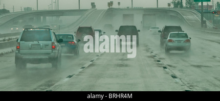 Freeway traffic during torrential rain storm in Houston, Texas, USA Stock Photo