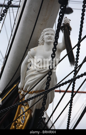 The figurehead, a carving of a woman, on the Cutty Sark in dry dock in ...