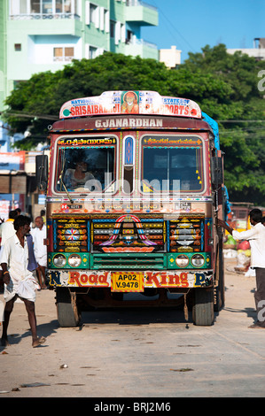 India haulage lorry in the street. Puttaparthi, Andhra Pradesh, India Stock Photo