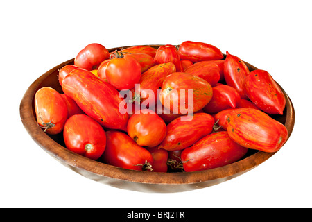 Organic fresh picked tomatoes in bowl isolated on white Stock Photo