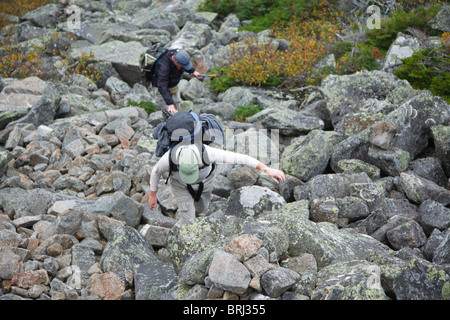 Hikers ascending King Ravine Trail. Located in King Ravine in the White Mountains, New Hampshire USA Stock Photo