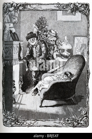 This illustration of Santa Claus stopping at the house of a young girl on Christmas Eve is from St. Nicholas, December 1887. Stock Photo