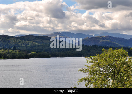 SCENIC VIEW OVER LAKE WITH MOUNTAINS IN THE DISTANCE. Stock Photo