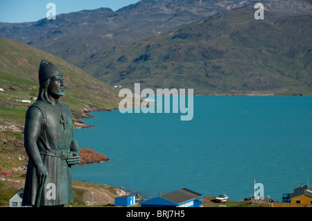 Greenland, Brattahlid (aka Qassiarsuk). Overview of settlement started by Erik the Red. Statue of famous Norse explorer. Stock Photo