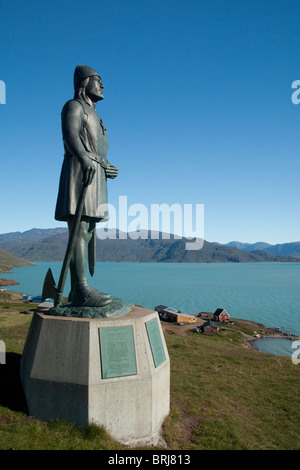 Greenland, Brattahlid (aka Qassiarsuk). Overview of settlement started by Erik the Red. Statue of famous Norse explorer Leif. Stock Photo