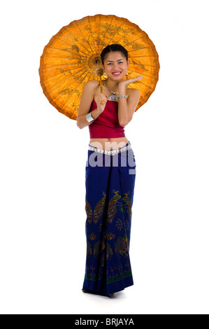 thai girl in traditional isaan style clothes with umbrella, isolated on white Stock Photo