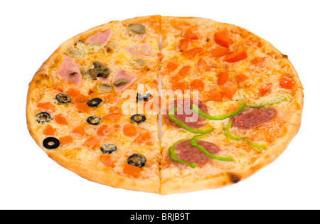 four quarters of different kinds of pizza in one, clipping path Stock Photo