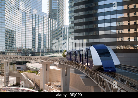 The new monorail transport system connecting the Vdara, Aria and Bellagio hotels, Las Vegas USA Stock Photo