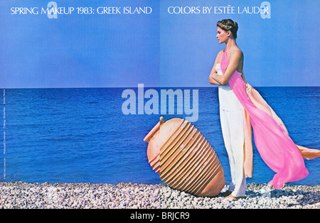 Double page spread colour advert for Estee Lauder make up in American fashion magazine circa 1983 Stock Photo