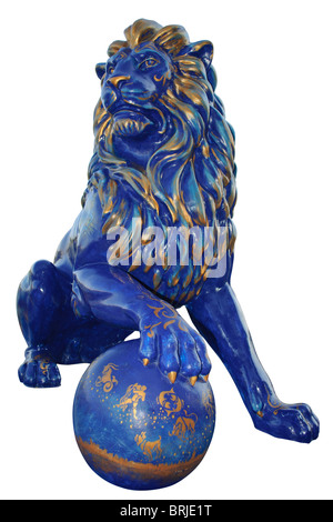 Blue lion statue. Isolated on white background with clipping path. Stock Photo