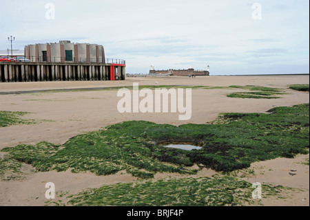 The beach and seafront at New Brighton on the River Mersey looking across to the city of Liverpool UK Stock Photo