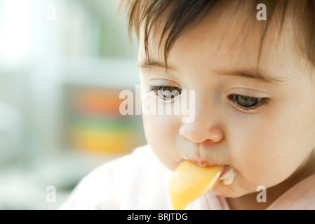 Infant eating with spoon Stock Photo