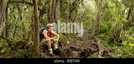 A young man rests after hiking in the jungle 13,000ft. below Mt. Kilimanjaro's summit. Stock Photo