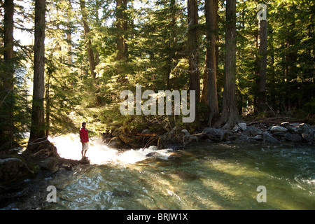A young man hiking stands on a rock and watches the river flow the forest. Stock Photo