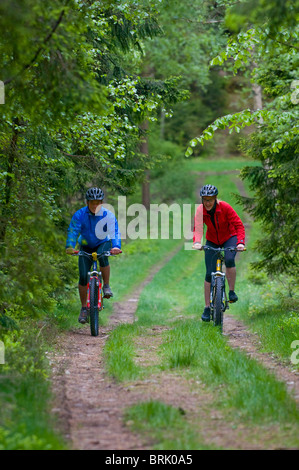 young healthy couple riding mountain bikes through forest Stock Photo