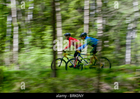 young healthy couple riding mountain bikes through forest Stock Photo