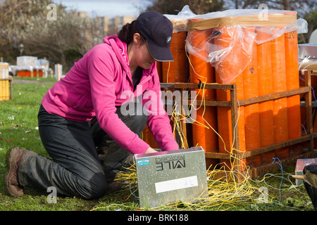 Woman connecting Electronic Firing Mechanisms at the 2010 British Musical Fireworks Championships, Southport Merseyside,UK Stock Photo