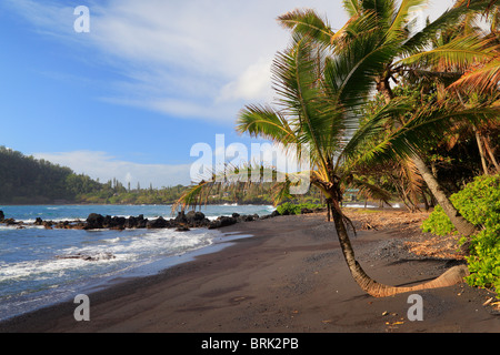 Black sand beach in Hana Bay on the northeast coast of Maui, in the ...