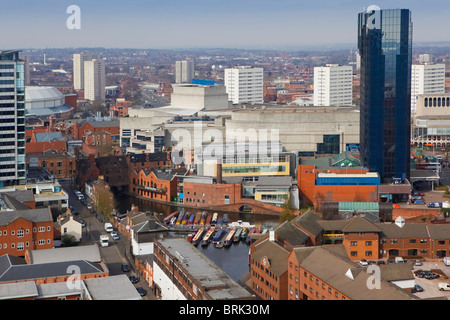 Broad Street, Gas St Basin, canal network, Hyatt hotel skyline of Birmingham, West Midlands, England, UK Stock Photo