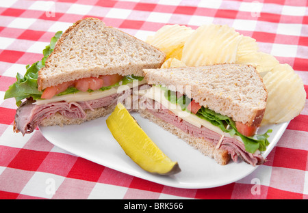 one sliced large roast beef sandwich with a pickle and chips on a white plate with classic red checkered tablecloth Stock Photo
