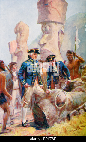 Captain James Cook examining the statues on Easter Island. Captain James Cook, 1728 –  1779. British explorer, navigator, cartographer, and captain in the Royal Navy Stock Photo